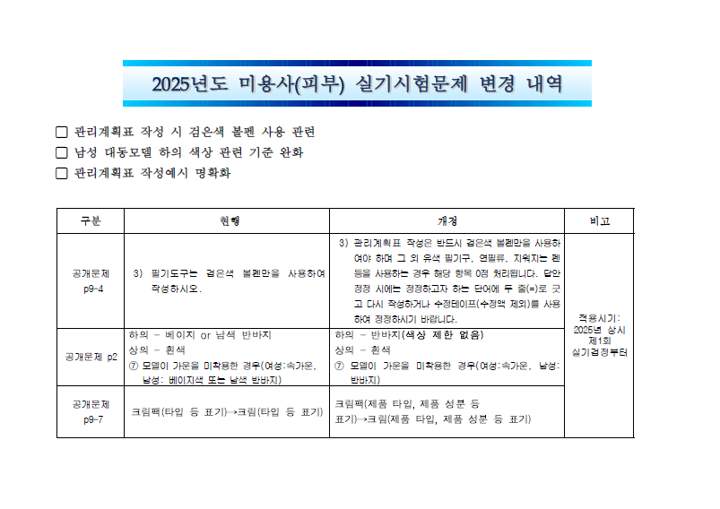 2025년도 미용사 실기시험 문제 변경 사항